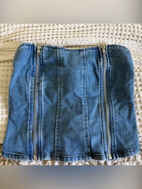 Forever 21 Blue Denim Zip-Front Cropped Tube Top